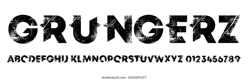 Um alfabeto rústico em negrito com uma face de tipo única e moderna no fundo branco, uma face de tipo grunge, uma ilustração vetorial
