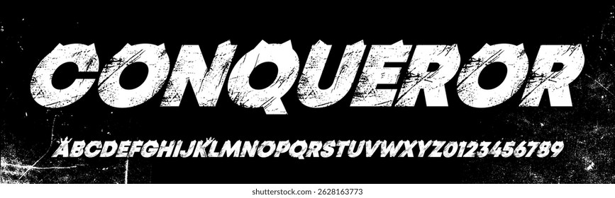 Um alfabeto rústico em negrito com uma face de tipo única e moderna no fundo preto, uma face de tipo grunge, uma ilustração vetorial