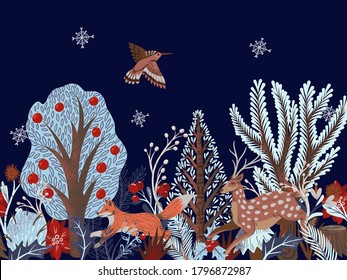 Rustic border with trees, deer, fox and other. Christmas print. 