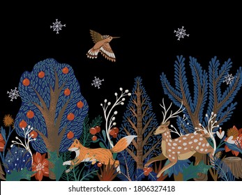 Rustic border with trees, deer, fox and other. Christmas print