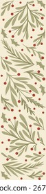 Rustic Botanical Christmas Vertical Banner with Green Foliage, Red Berries and Snowflakes