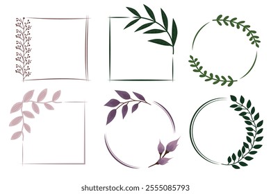 Rustic botanical frames with hand-drawn leaves and floral elements in circular and square shapes. Ideal for weddings, invitations, branding, logos, and social media. Scalable vector format