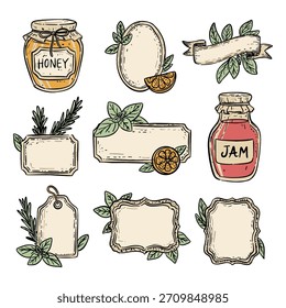 Tarro botánico rústico y conjunto de ilustración de la etiqueta con líneas dibujadas a mano, acentos de acuarela y hojas naturales, decoraciones de cítricos