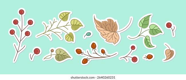 Rustic botanical sticker vector set with leaves and berries cozy fall elements for journaling and planners