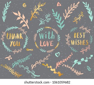 Rustic branches and flowers. Wreaths with lettering