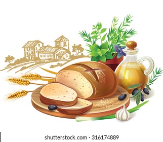Rustic bread and wheat ears against country landscape