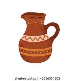 Rustic brown ceramic jug with patterns. Folk-style kitchenware illustration perfect for culinary, cultural, or vintage projects. Flat vector isolated on a white background.