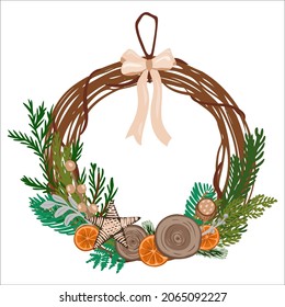 Rustic brown Christmas wreath with oranges, pine and fir branches, wooden saw cut and stars. Natural style wreath isolated on a white background. Vector illustration