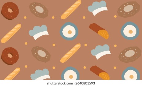 Rustic brown layout with baguettes, donuts, fried eggs, and chef hats scattered across a gridded culinary-themed composition.