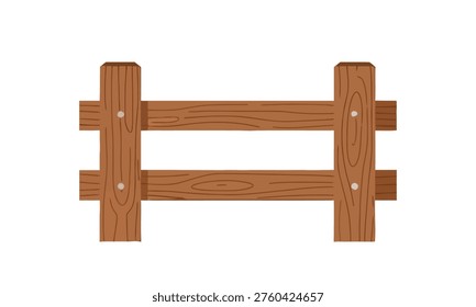 Rustic brown wooden fence segment with two posts and two rails, an illustrative graphic for farm, garden, or property boundary designs, symbolizing demarcation and natural enclosure