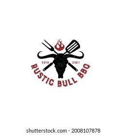 Vintage del logo de Rustic Bull BBQ, símbolo de la parrilla de insignia, diseño gráfico de humo, para firmar idea creativa.