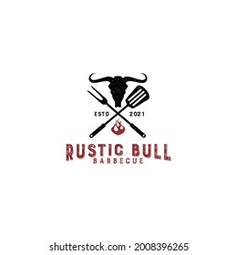Rustic Bull BBQ logo vintage, badge grill symbol, smoke graphic design, resto sign creative idea.