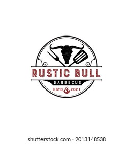 Rustic Bull BBQ logo vintage, badge grill symbol, smoke graphic design, barbecue resto sign creative idea.