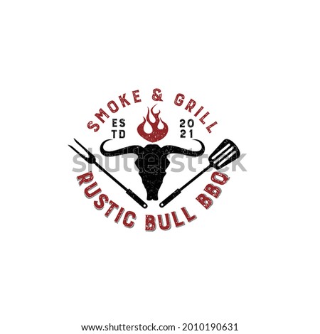 Rustic Bull BBQ logo vintage, badge grill symbol, smoke graphic design, barbecue resto sign creative idea.