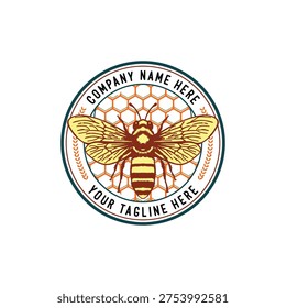 Rustic Bumblebee Badge Label Emblem With Honeycomb Pattern Insect Wasp