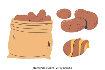 Rustic, Burlap Sack, Bulging With Earthy Potatoes. Each Spud, With Its Rough, Dirt-speckled Skin, Vector Illustration