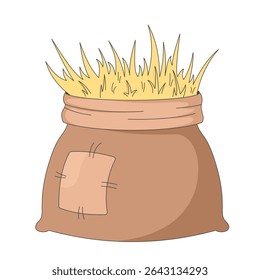 Rustic burlap sack filled with straw 2D cartoon object. Hay packaging with stitched patch. Agricultural supply. Rural item isolated element flat vector clip art on white. Spot illustration
