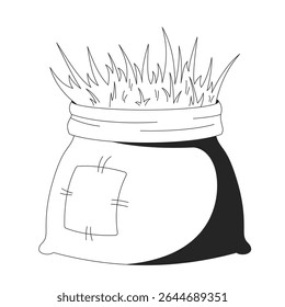 Rustic burlap sack filled with straw 2D line object. Hay packaging with stitched patch. Agricultural supply. Rural item isolated clipart vector ink outline item. Monochrome spot illustration