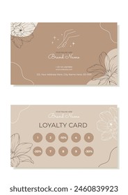 A rustic business and loyalty card template with plants in the outline. Suitable for beauty salons, hair removal masters, massage therapists. Vector