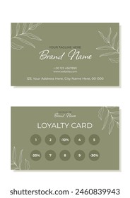 A rustic business and loyalty card template with plants in the outline. Suitable for beauty salons, depilation masters, hair stylists, eyebrow specialists. Vector