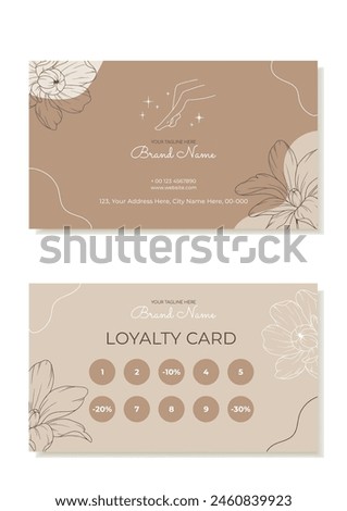 A rustic business and loyalty card template with plants in the outline. Suitable for beauty salons, hair removal masters, massage therapists. Vector