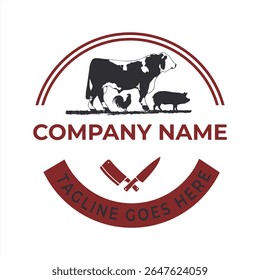 Rustic Butchery Logo Design Featuring Cow Pig and Chicken Silhouettes with Crossed Knives and Arch Text Elements