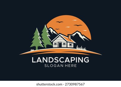Casa de cabaña rústica y diseño de logotipo de paisaje de montaña, paisaje de Profesional y servicios de vida al aire libre Emblema sobre fondo oscuro