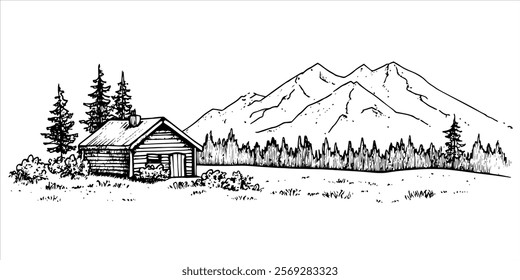 rustic cabin with pine trees and mountain backdrop hand drawn doodle sketch