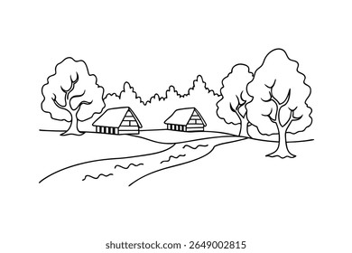 Rustic cabins beside winding river and trees black and white