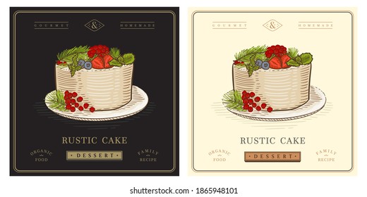 Rustic cake with cream vintage retro illustration