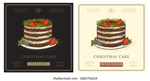 Rustic cake with strawberry and pine vintage Christmas