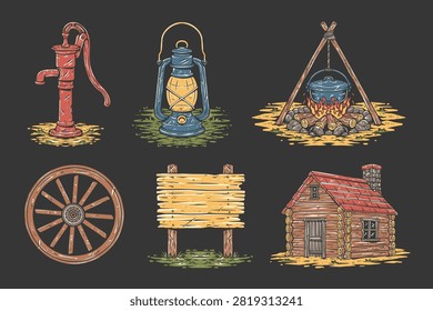 Rustic Camping And Frontier Elements Set Collection with Water Pump, Lantern, Campfire, Cooking Pot, Log Cabin for Outdoor Camping Vector Illustration