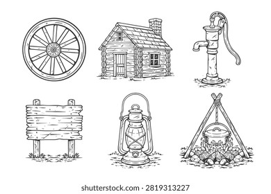 Rustic Camping And Frontier Line Art Set Collection with Water Pump, Lantern, Campfire, Cooking Pot, Log Cabin for Outdoor Camping Vector Illustration