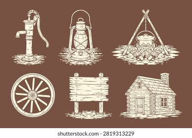 Rustic Camping And Frontier Monochrome Set Collection with Water Pump, Lantern, Campfire, Cooking Pot, Log Cabin for Outdoor Camping Vector Illustration