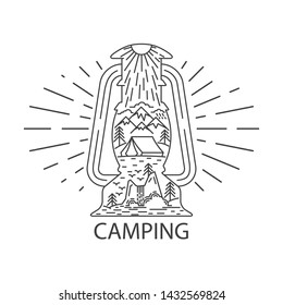 Rustic camping lantern in linear style isolated on white background. Lamp with nature travel landscape. Concept for tourist hiking. Vector illustration.
