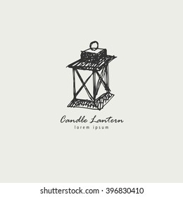 Rustic candle lantern logo in the style of a sketch. The symbol of warmth and comfort.