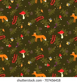 Rustic cartoon autumn forest seamless vector pattern with cute foxes and amanita mushrooms. Fall background with oak leaves on back.