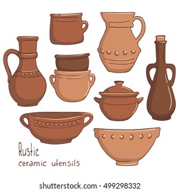 Rustic ceramic utensils, colored vector images for design and illustration.