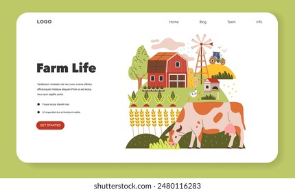 Rustic charm comes to life in this illustration with a red barn, windmill, tractor, and crops, depicting serene farm life. Vector illustration.