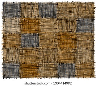 Rustic checkered mat with  grunge striped rough rectangular elements in blue, yelow,beige,grey  colors isolated on white