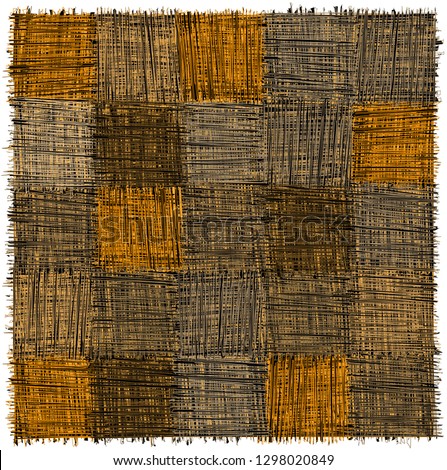 Rustic checkered mat with  grunge striped rough square elements in yelow,beige,grey,blak colors isolated on white