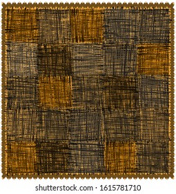 Rustic checkered mat with rough grunge striped square elements and decorative zigzag fringe isolated on white