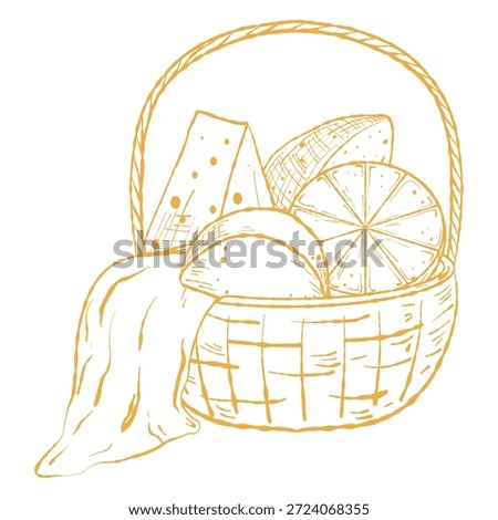 Rustic Cheese Basket Illustration, Charcuterie Art. Picnic Cheese Basket Vector, Gourmet Food Scene.