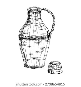 Rustic Chianti carafe jug bottle hand drawn in pen and ink with woven rattan detailing. Vintage Mediterranean element isolated for branding, packaging, posters, menus and cultural illustration design.