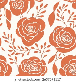 Rustic Chic Red Orange Brown  Terra Brown French White Abstract Rose Flower Elegant Leaf Watercolor Scandinavian Design Seamless Pattern Wallpaper Curtain Upholstery Pastel Fabric Background Vector