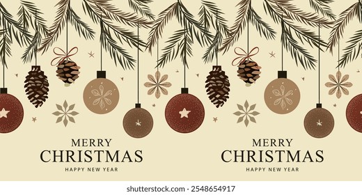 Rustic Christmas Holiday Banner with Pine Branches, Pinecones, Ornaments, and Farmcore Elements in Earthy Tones – Cozy Festive Design