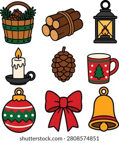 Rustic Christmas icon collection featuring a wooden bucket, firewood, lantern, candle, pine cone, festive mug, ornament, ribbon, and bell. Perfect for holiday decorations, greeting cards, planners, gift tags, and seasonal branding.