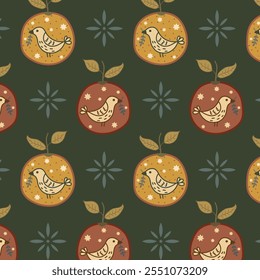 Padrão de Natal rústico com laranjas desenhadas à mão, pombas e rosetas de flores em fundo verde-oliva escuro. Tom da terra repetir impressão de férias em para têxtil e papel.