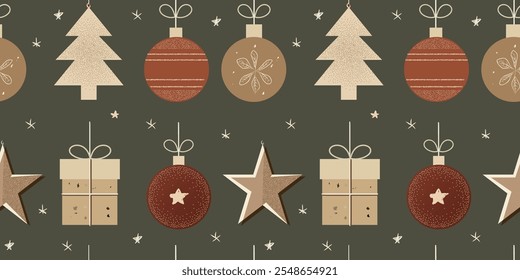 Rustic Christmas Seamless Pattern with Ornaments, Pine Trees, Stars, and Gift Boxes in Earthy Farmcore Tones – Cozy Holiday Design