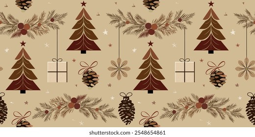 Rustic Christmas Seamless Pattern with Pine Trees, Gift Boxes, Pinecones, and Garland in Earthy Farmcore Tones – Cozy Holiday Design